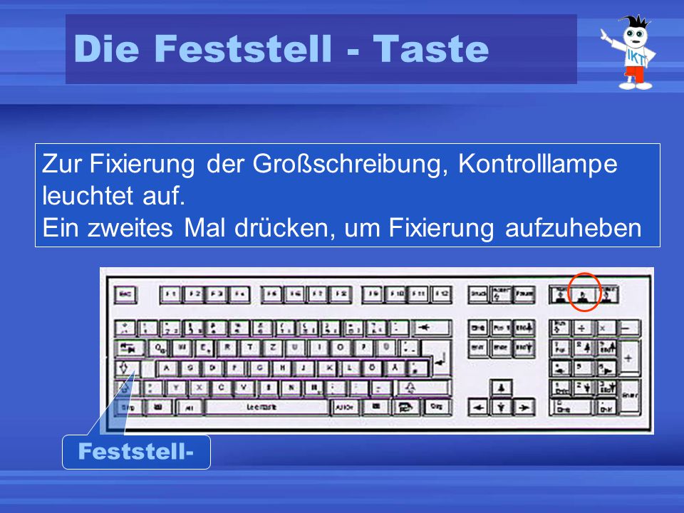 Die Feststell - Taste Zur Fixierung der Großschreibung, Kontrolllampe leuchtet auf. Ein zweites Mal drücken, um Fixierung aufzuheben.