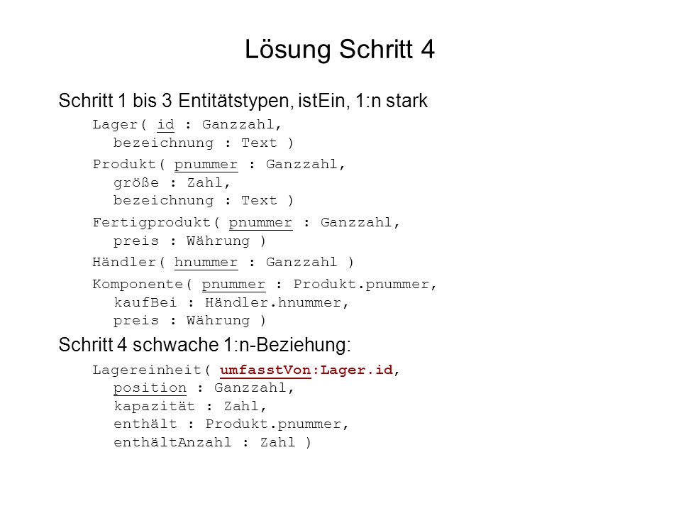 Lösung Schritt 4 Schritt 1 bis 3 Entitätstypen, istEin, 1:n stark