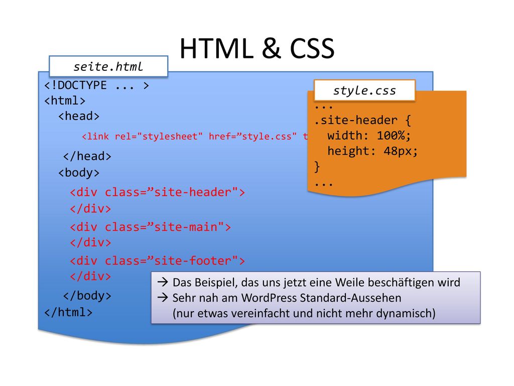 HTML & CSS seite.html. <!DOCTYPE ... > <html> <head> <link rel= stylesheet href= style.css type= text/css />