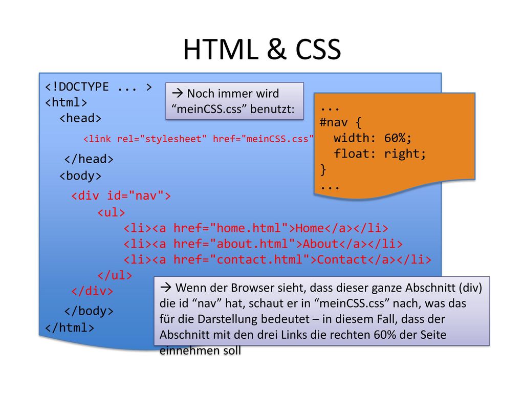HTML & CSS <!DOCTYPE ... > <html> <head> <link rel= stylesheet href= meinCSS.css type= text/css />