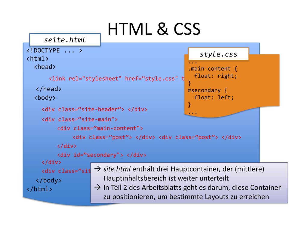 HTML & CSS seite.html. <!DOCTYPE ... > <html> <head> <link rel= stylesheet href= style.css type= text/css />
