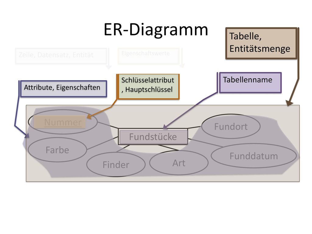 ER-Diagramm Tabelle, Entitätsmenge Nummer Fundort Fundstücke Farbe