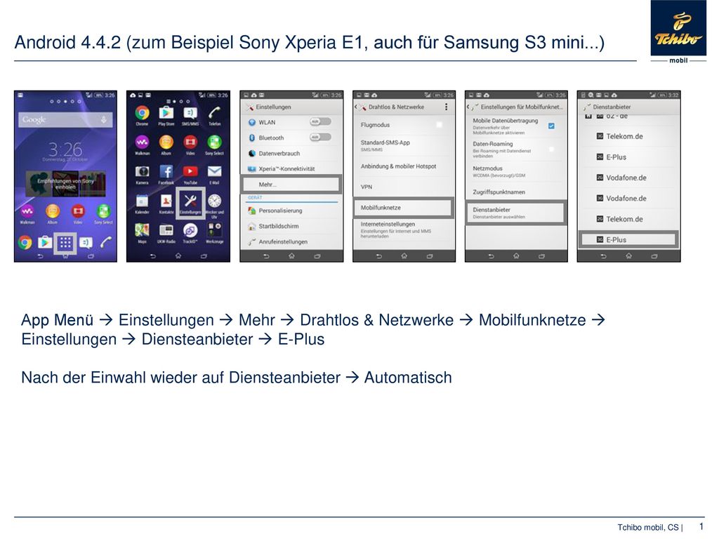 Android (zum Beispiel Sony Xperia E1, auch für Samsung S3 mini