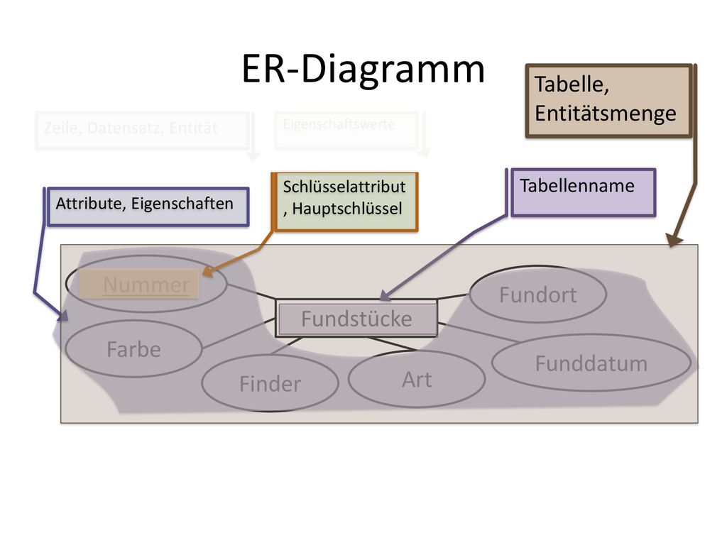 ER-Diagramm Tabelle, Entitätsmenge Nummer Fundort Fundstücke Farbe