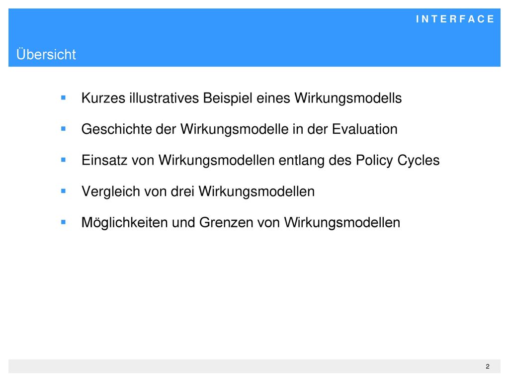 Übersicht Kurzes illustratives Beispiel eines Wirkungsmodells. Geschichte der Wirkungsmodelle in der Evaluation.