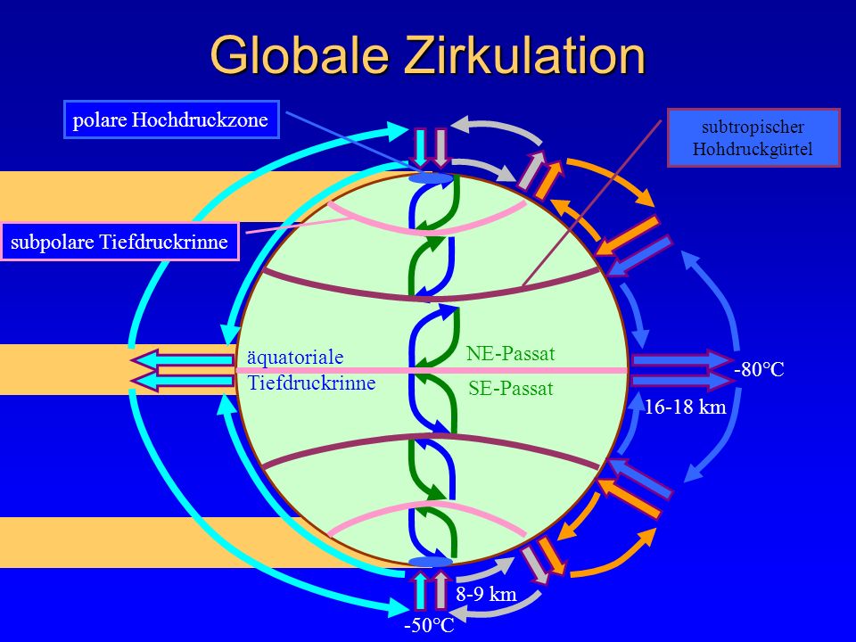 Globale Zirkulation polare Hochdruckzone subpolare Tiefdruckrinne
