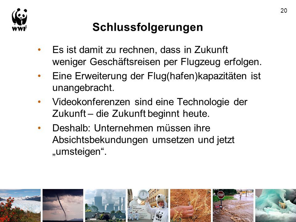 Schlussfolgerungen 20. Es ist damit zu rechnen, dass in Zukunft weniger Geschäftsreisen per Flugzeug erfolgen.