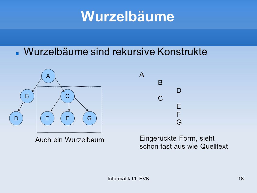 Wurzelbäume Wurzelbäume sind rekursive Konstrukte A B D C E F G