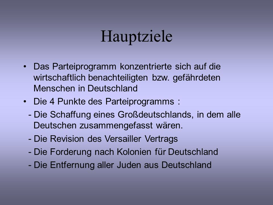Hauptziele Das Parteiprogramm konzentrierte sich auf die wirtschaftlich benachteiligten bzw. gefährdeten Menschen in Deutschland.