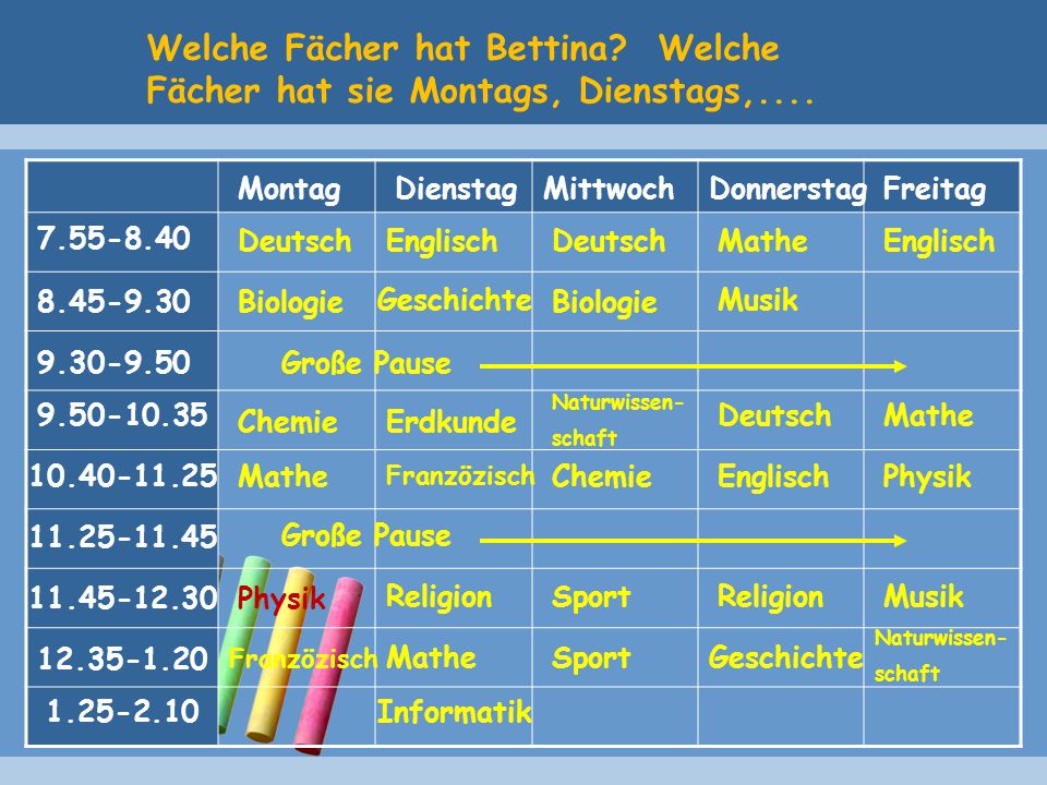 Welche Fächer hat Bettina Welche Fächer hat sie Montags, Dienstags,....