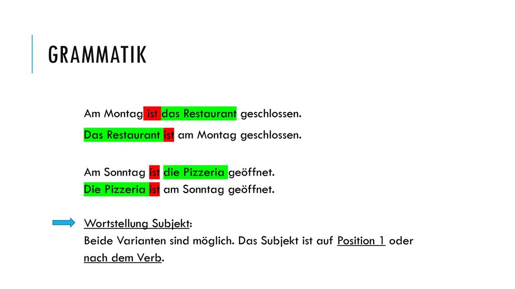 Grammatik Das Restaurant ist am Montag geschlossen.