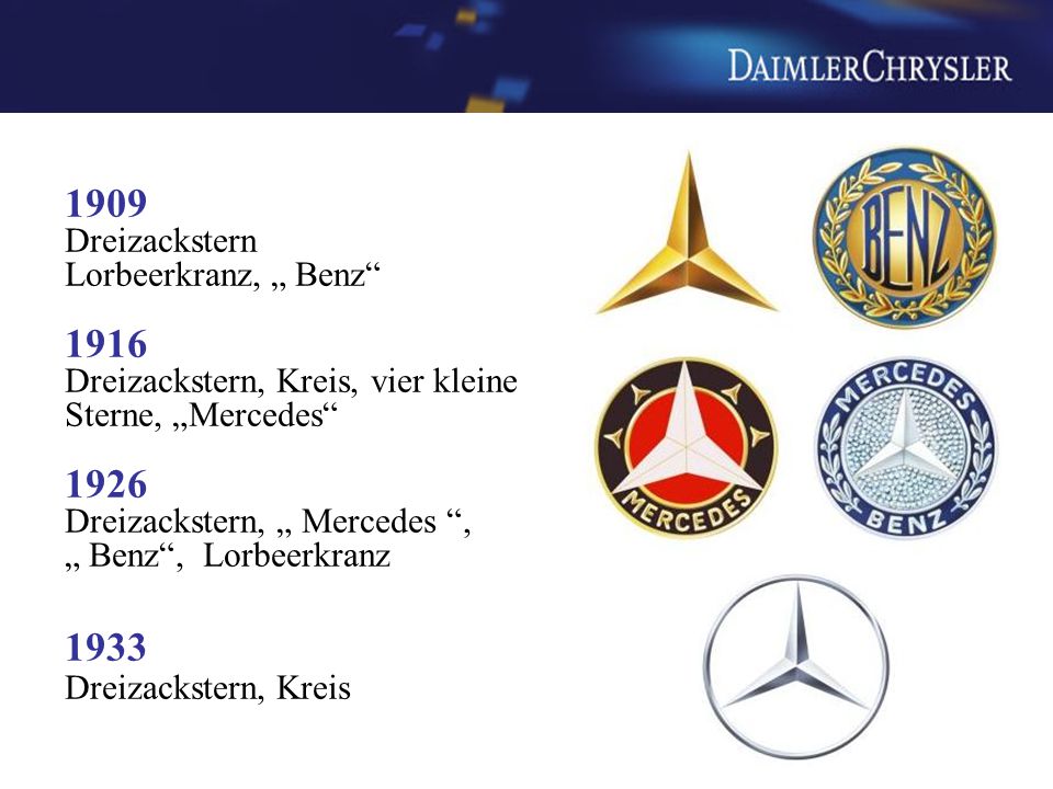 1909 Dreizackstern Lorbeerkranz, „ Benz 1916 Dreizackstern, Kreis, vier kleine Sterne, „Mercedes 1926 Dreizackstern, „ Mercedes , „ Benz , Lorbeerkranz 1933 Dreizackstern, Kreis