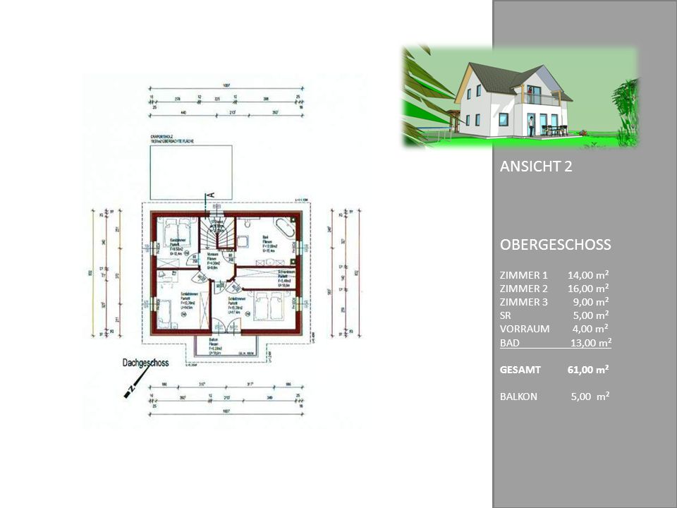 OBERGESCHOSS ANSICHT 2 ZIMMER 1 14,00 m² ZIMMER 2 16,00 m²