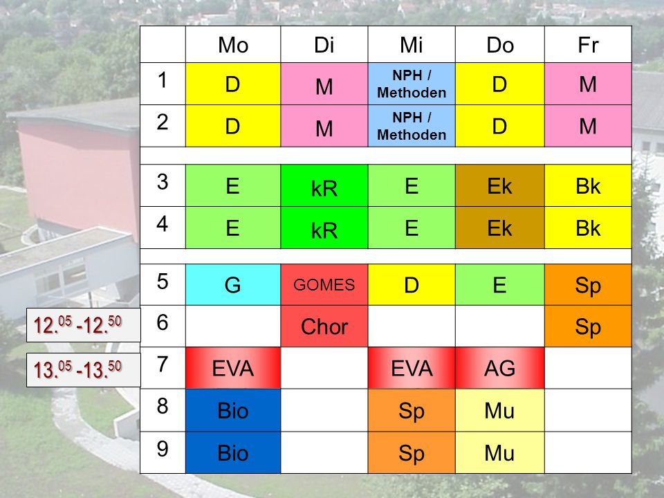 Mo Di Mi Do Fr 1 D M 2 3 E kR Ek Bk 4 5 G Sp 6 Chor 7 EVA AG 8 Bio Mu