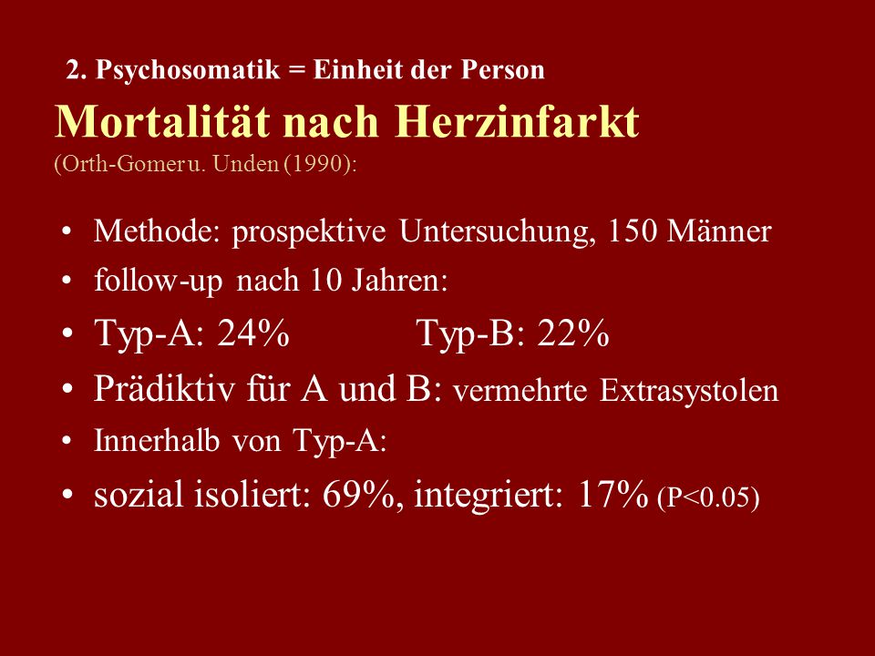 2. Psychosomatik = Einheit der Person Mortalität nach Herzinfarkt (Orth-Gomer u. Unden (1990):
