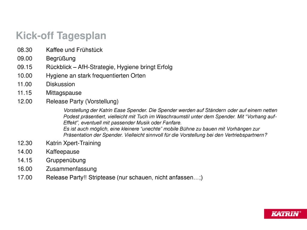 Kick-off Tagesplan Kaffee und Frühstück Begrüßung