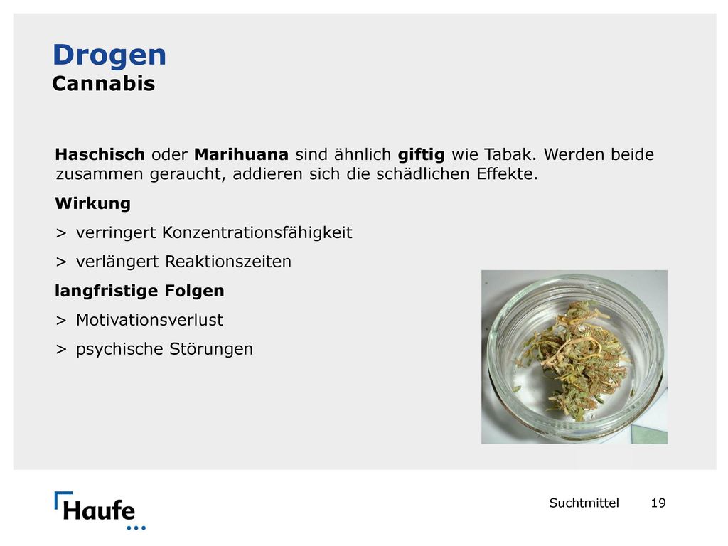 Drogen Cannabis Haschisch oder Marihuana sind ähnlich giftig wie Tabak. Werden beide zusammen geraucht, addieren sich die schädlichen Effekte.