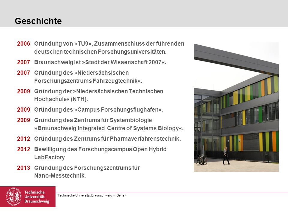 Geschichte 2006 Gründung von »TU9«, Zusammenschluss der führenden deutschen technischen Forschungsuniversitäten.