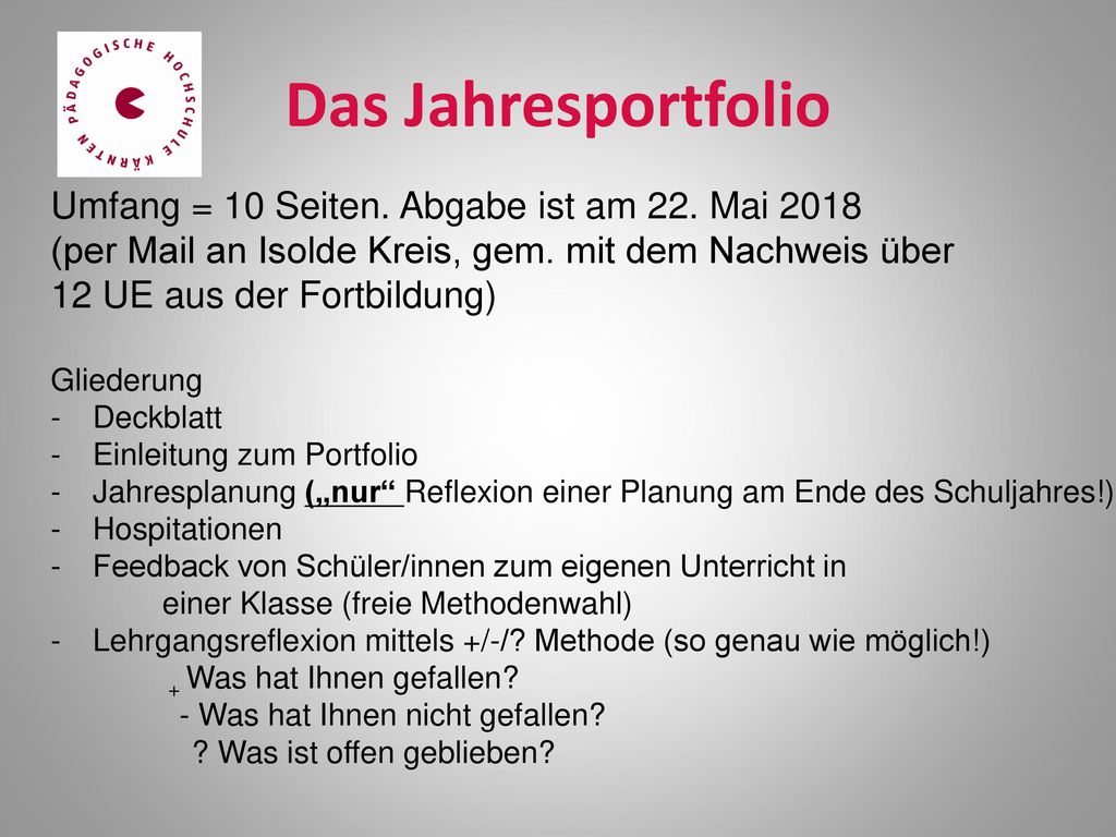Das Jahresportfolio Umfang = 10 Seiten. Abgabe ist am 22. Mai 2018