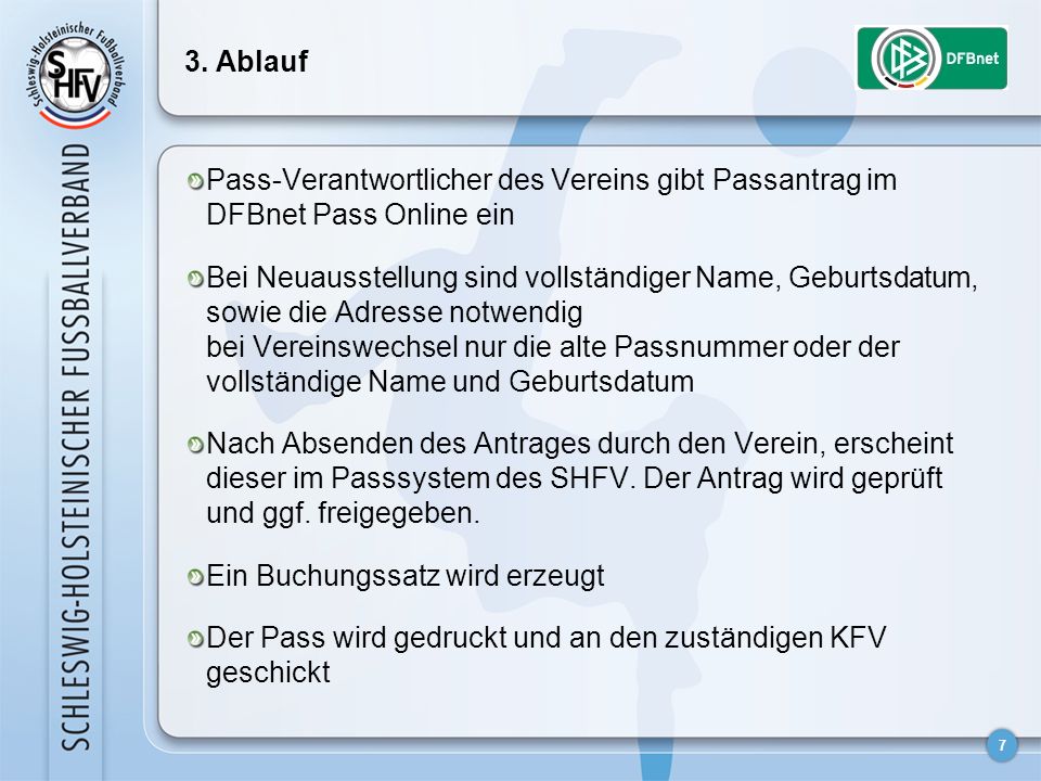 3. Ablauf Pass-Verantwortlicher des Vereins gibt Passantrag im DFBnet Pass Online ein.