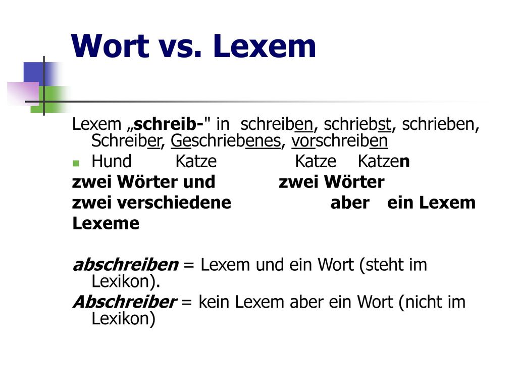 Wort vs. Lexem Lexem „schreib- in schreiben, schriebst, schrieben, Schreiber, Geschriebenes, vorschreiben.