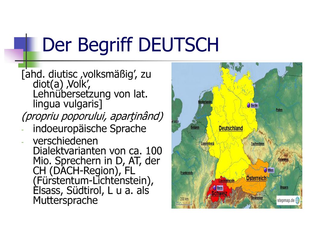 Der Begriff DEUTSCH [ahd. diutisc ‚volksmäßig’, zu diot(a) ‚Volk’, Lehnübersetzung von lat. lingua vulgaris]