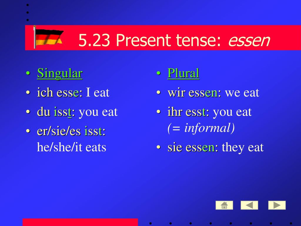 5.23 Present tense: essen Singular ich esse: I eat du isst: you eat