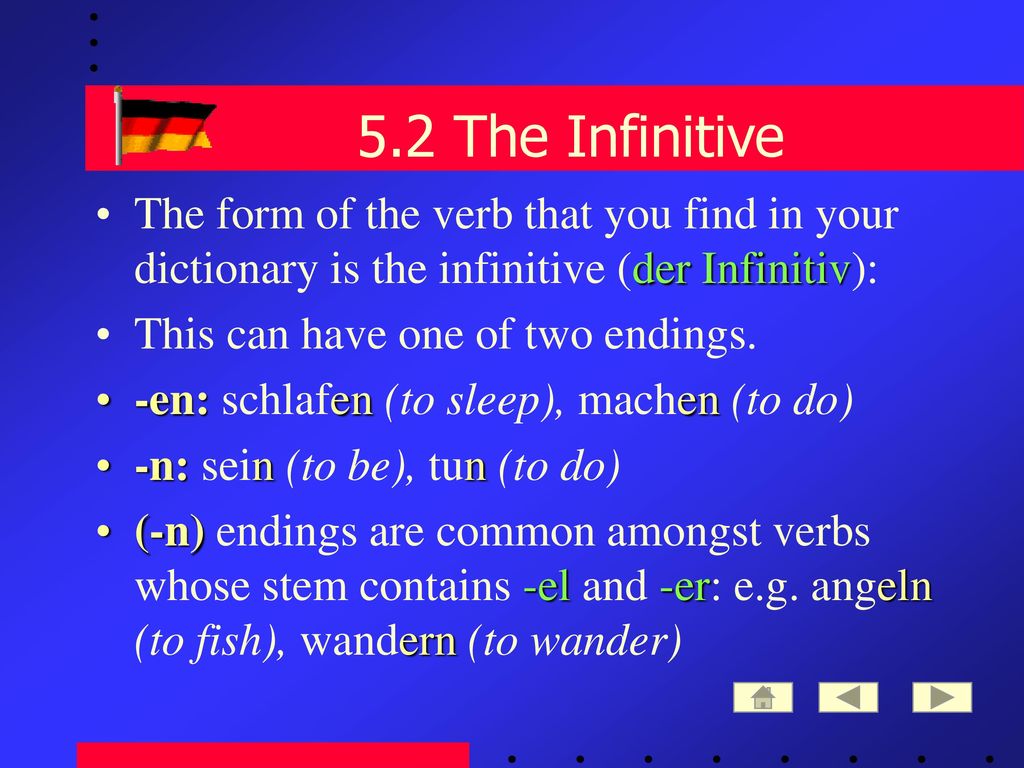 5.2 The Infinitive The form of the verb that you find in your dictionary is the infinitive (der Infinitiv):