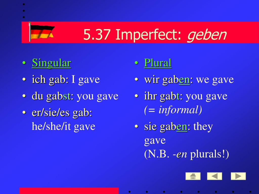 5.37 Imperfect: geben Singular ich gab: I gave du gabst: you gave