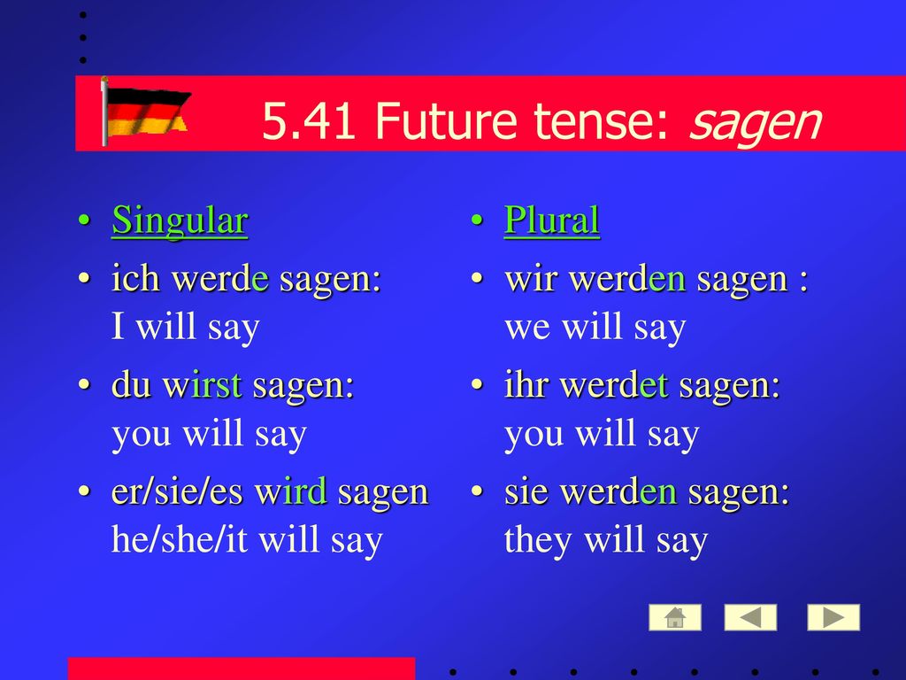 5.41 Future tense: sagen Singular ich werde sagen: I will say