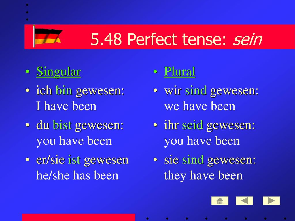 5.48 Perfect tense: sein Singular ich bin gewesen: I have been