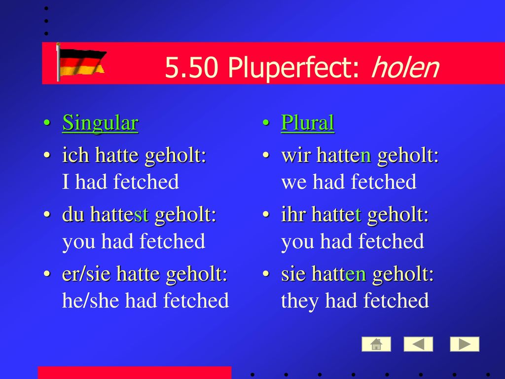5.50 Pluperfect: holen Singular ich hatte geholt: I had fetched