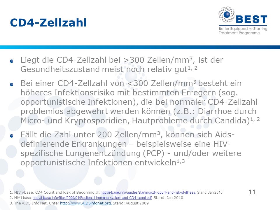 CD4-Zellzahl Liegt die CD4-Zellzahl bei >300 Zellen/mm3, ist der Gesundheitszustand meist noch relativ gut1, 2.