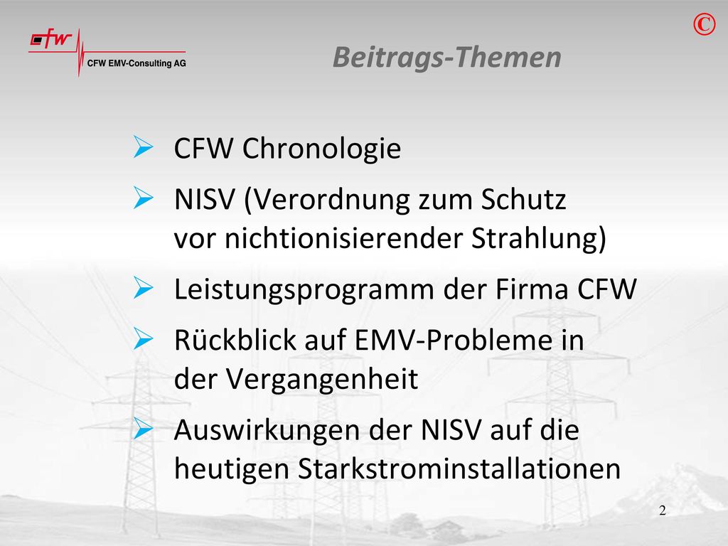 © Beitrags-Themen. CFW Chronologie. NISV (Verordnung zum Schutz. vor nichtionisierender Strahlung)