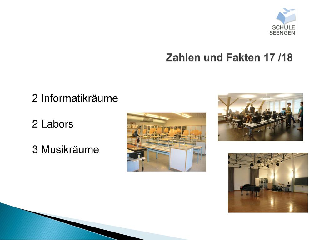 Zahlen und Fakten 17 /18 2 Informatikräume 2 Labors 3 Musikräume