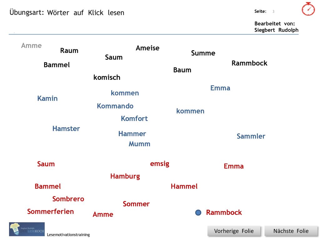 Wörter auf Klick lesen Amme Ameise Raum Summe Saum Bammel Rammbock