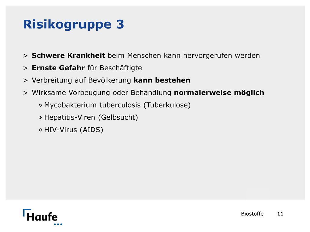 Risikogruppe 3 Schwere Krankheit beim Menschen kann hervorgerufen werden. Ernste Gefahr für Beschäftigte.