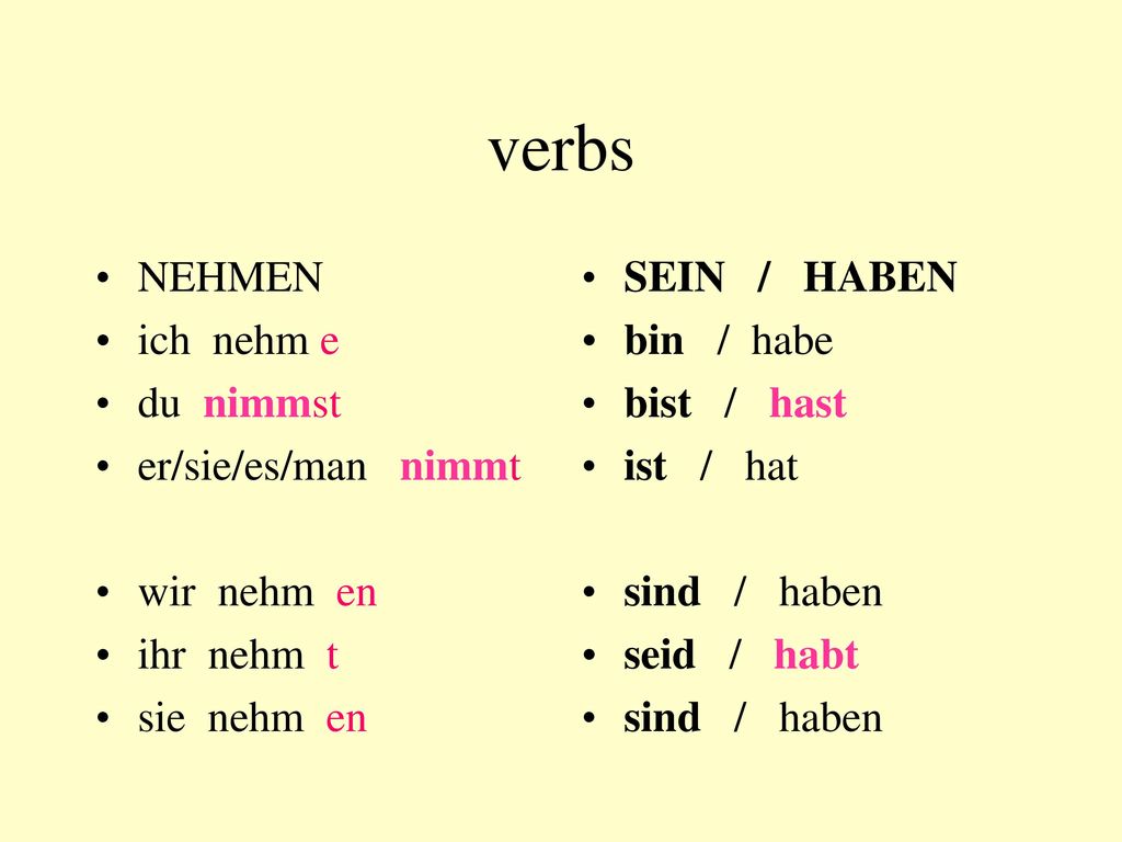 verbs NEHMEN ich nehm e du nimmst er/sie/es/man nimmt wir nehm en