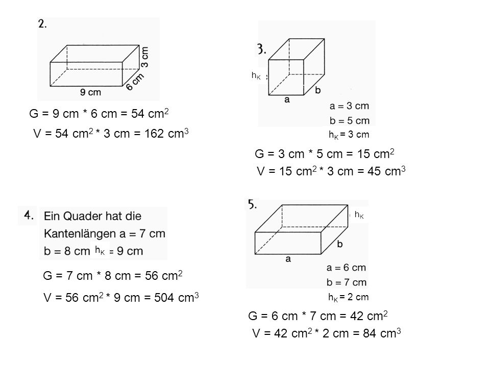 G = 9 cm * 6 cm = 54 cm2 V = 54 cm2 * 3 cm = 162 cm3