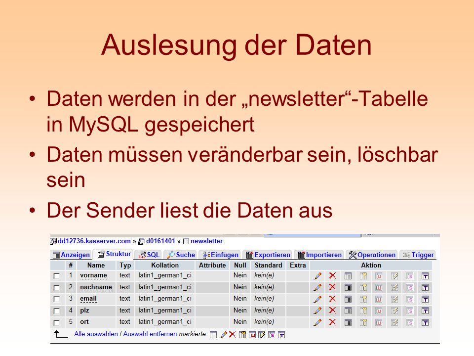 Auslesung der Daten Daten werden in der „newsletter -Tabelle in MySQL gespeichert. Daten müssen veränderbar sein, löschbar sein.