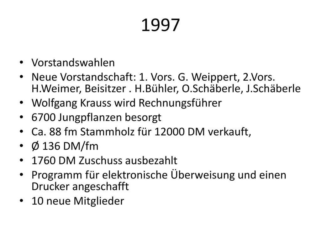1997 Vorstandswahlen. Neue Vorstandschaft: 1. Vors. G. Weippert, 2.Vors. H.Weimer, Beisitzer . H.Bühler, O.Schäberle, J.Schäberle.