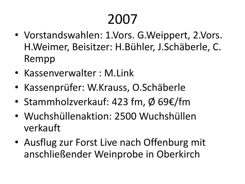 2007 Vorstandswahlen: 1.Vors. G.Weippert, 2.Vors. H.Weimer, Beisitzer: H.Bühler, J.Schäberle, C. Rempp.