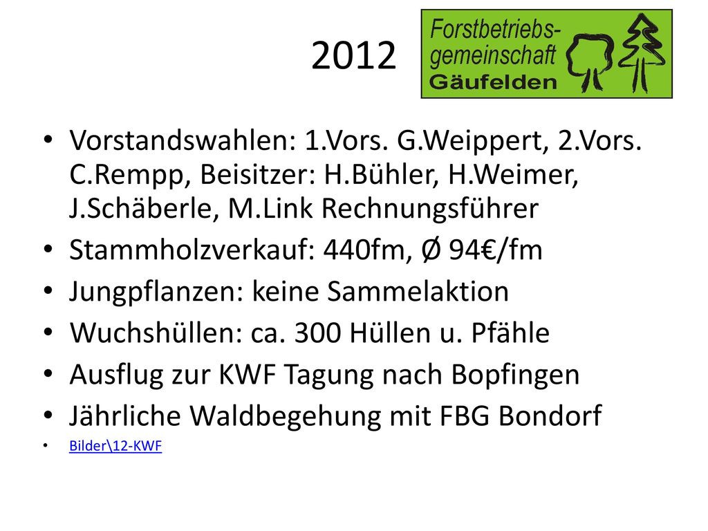 2012 Vorstandswahlen: 1.Vors. G.Weippert, 2.Vors. C.Rempp, Beisitzer: H.Bühler, H.Weimer, J.Schäberle, M.Link Rechnungsführer.