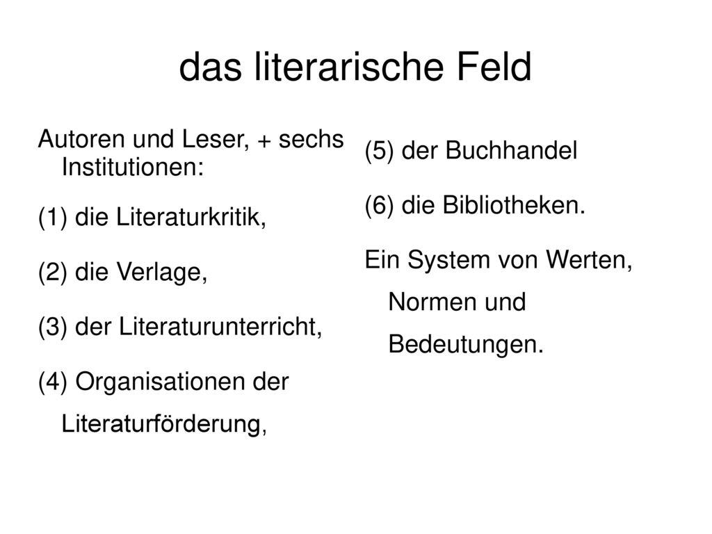 das literarische Feld Autoren und Leser, + sechs Institutionen: