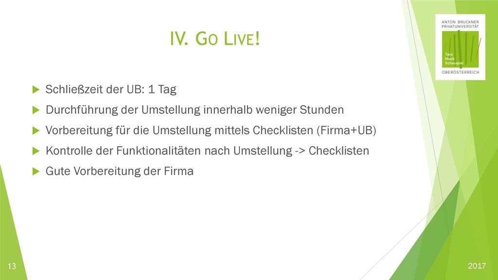 IV. Go Live! Schließzeit der UB: 1 Tag