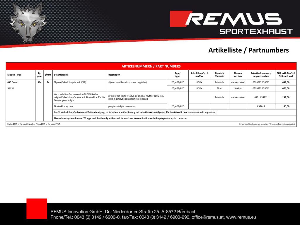 ARTIKELNUMMERN / PART NUMBERS EUR exkl. MwSt./ EUR excl. VAT