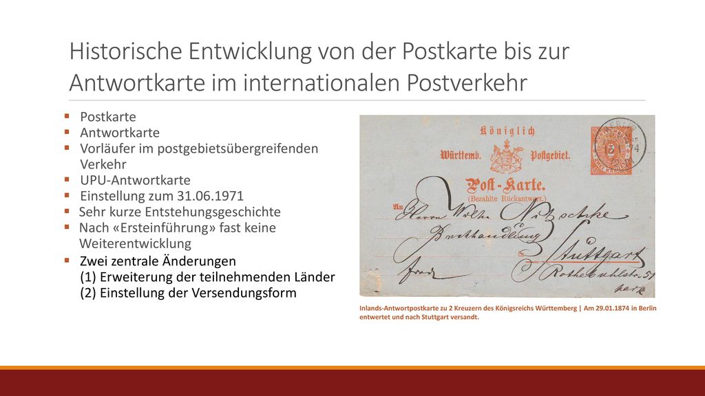 Historische Entwicklung von der Postkarte bis zur Antwortkarte im internationalen Postverkehr