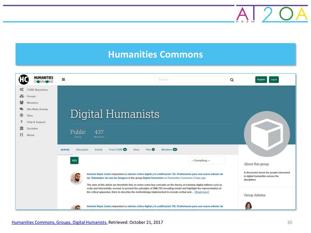 Humanities Commons Humanities Commons, Groups, Digital Humanists. Retrieved: October 21, 2017