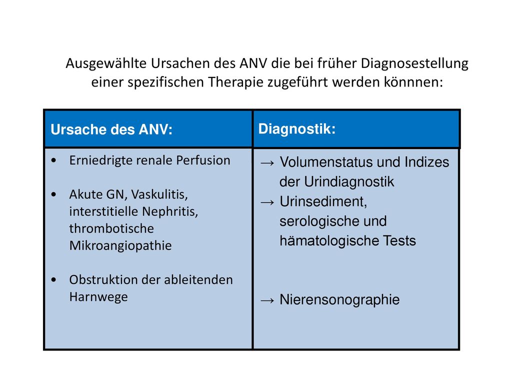 Ausgewählte Ursachen des ANV die bei früher Diagnosestellung einer spezifischen Therapie zugeführt werden könnnen: