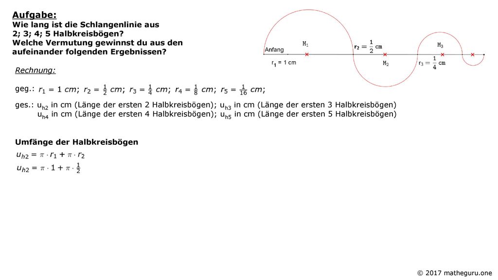 Aufgabe: Wie lang ist die Schlangenlinie aus 2; 3; 4; 5 Halbkreisbögen